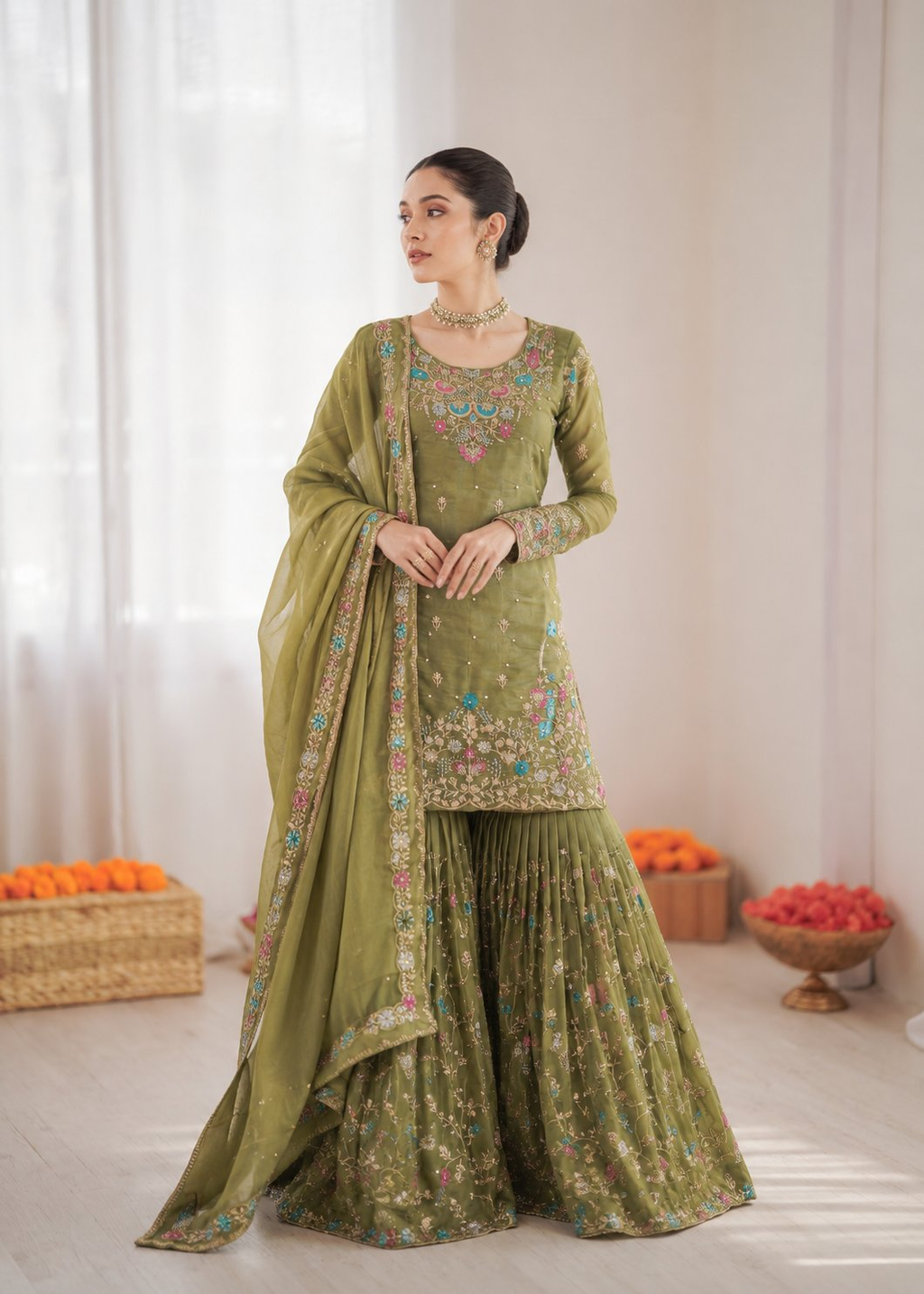 Mehendi color Art Silk Sharara suit with thread embroidery and rivet moti sequence work