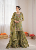 Mehendi color Art Silk Sharara suit with thread embroidery and rivet moti sequence work
