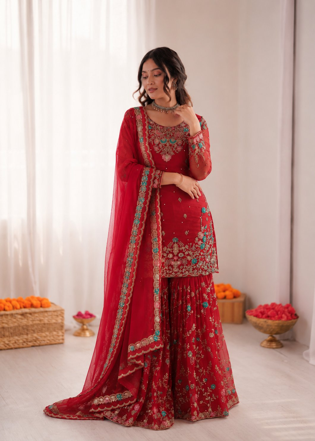 Red Art Silk Sharara Suit with Thread Sequence & Moti Work