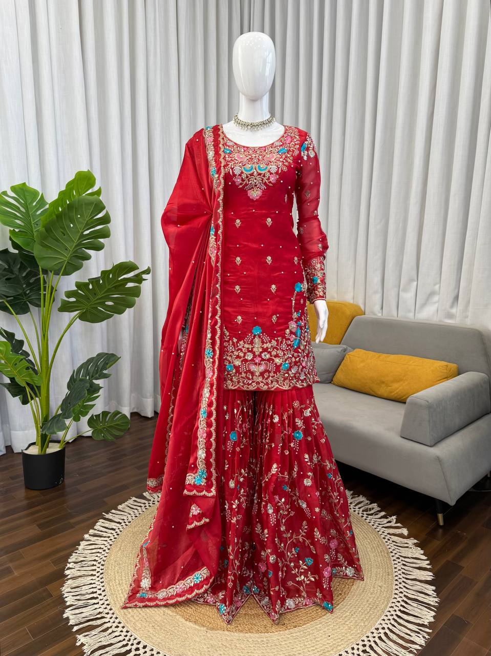 Red Art Silk Sharara Suit with Thread Sequence & Moti Work