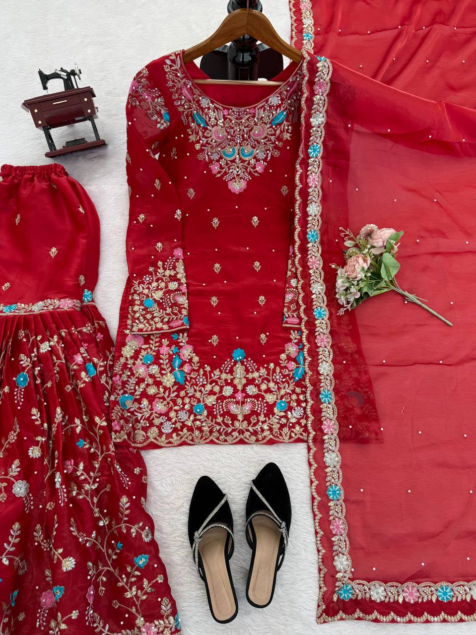 Red Art Silk Sharara Suit with Thread Sequence & Moti Work
