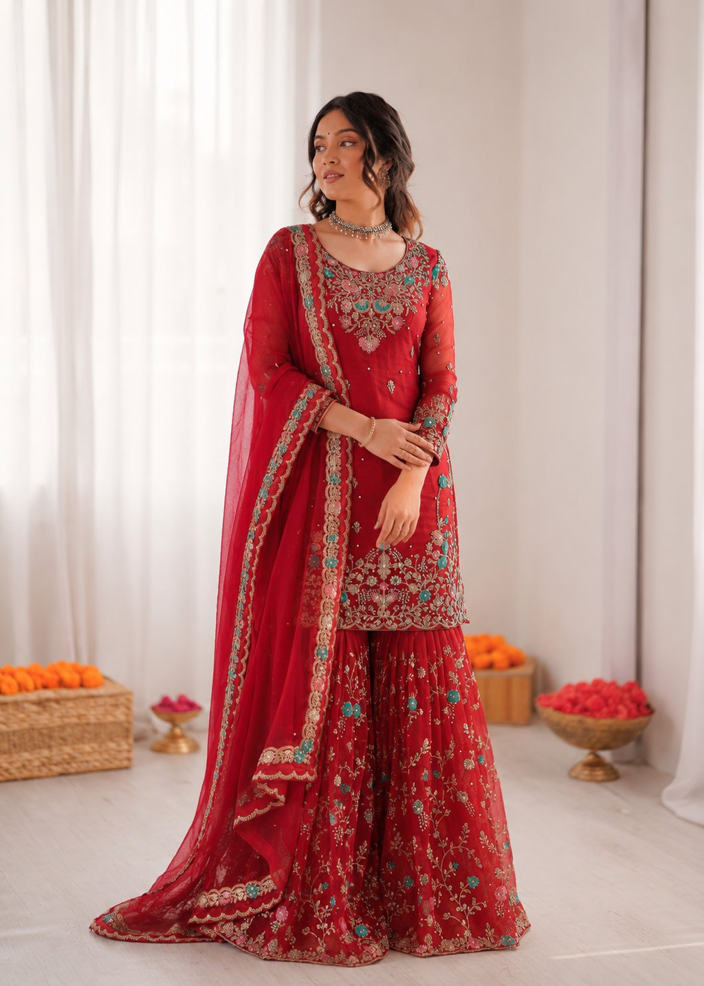 A vibrant red art silk sharara suit featuring thread embroidery, sequins, and rivet moti work.