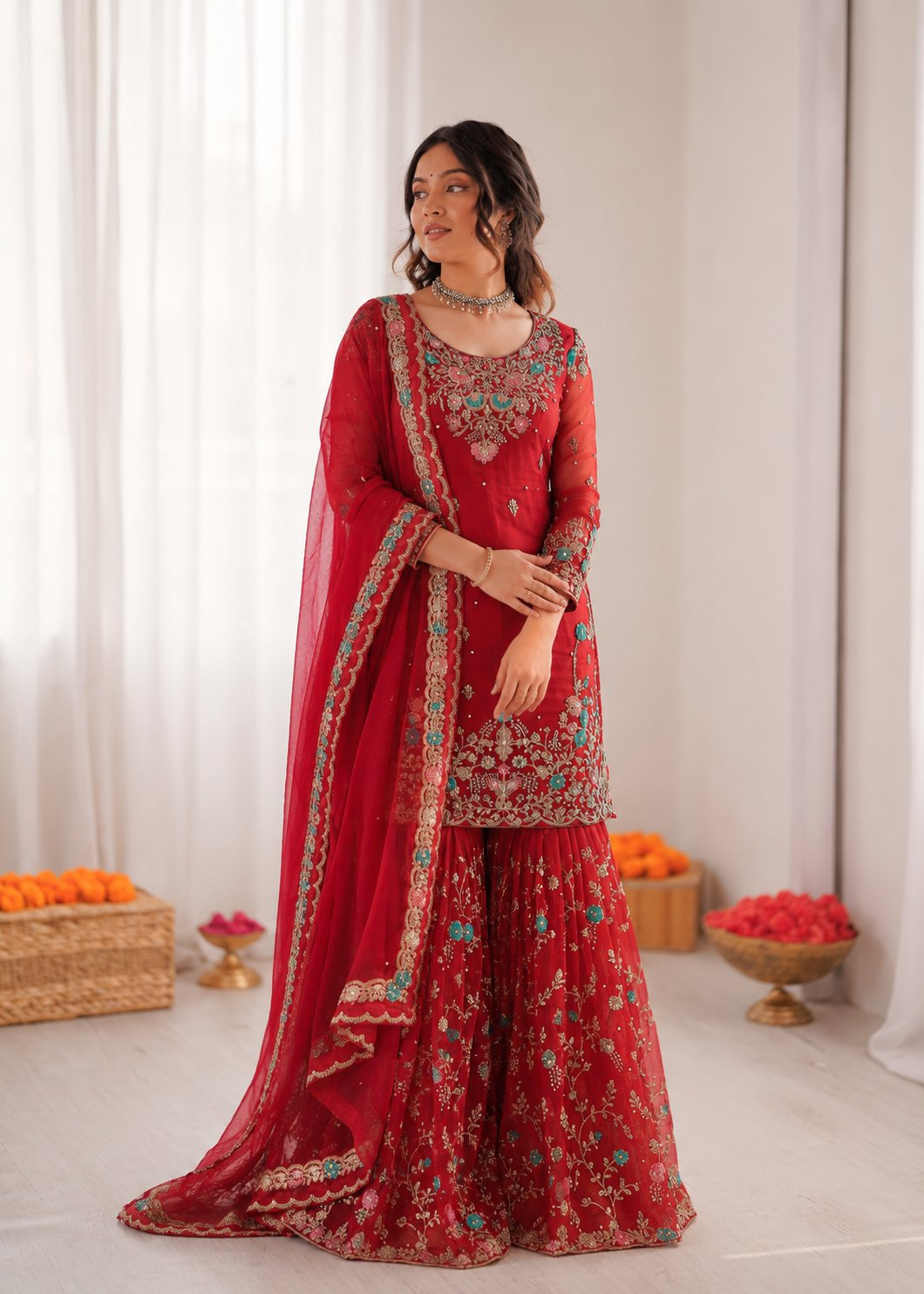 A vibrant red art silk sharara suit featuring thread embroidery, sequins, and rivet moti work.