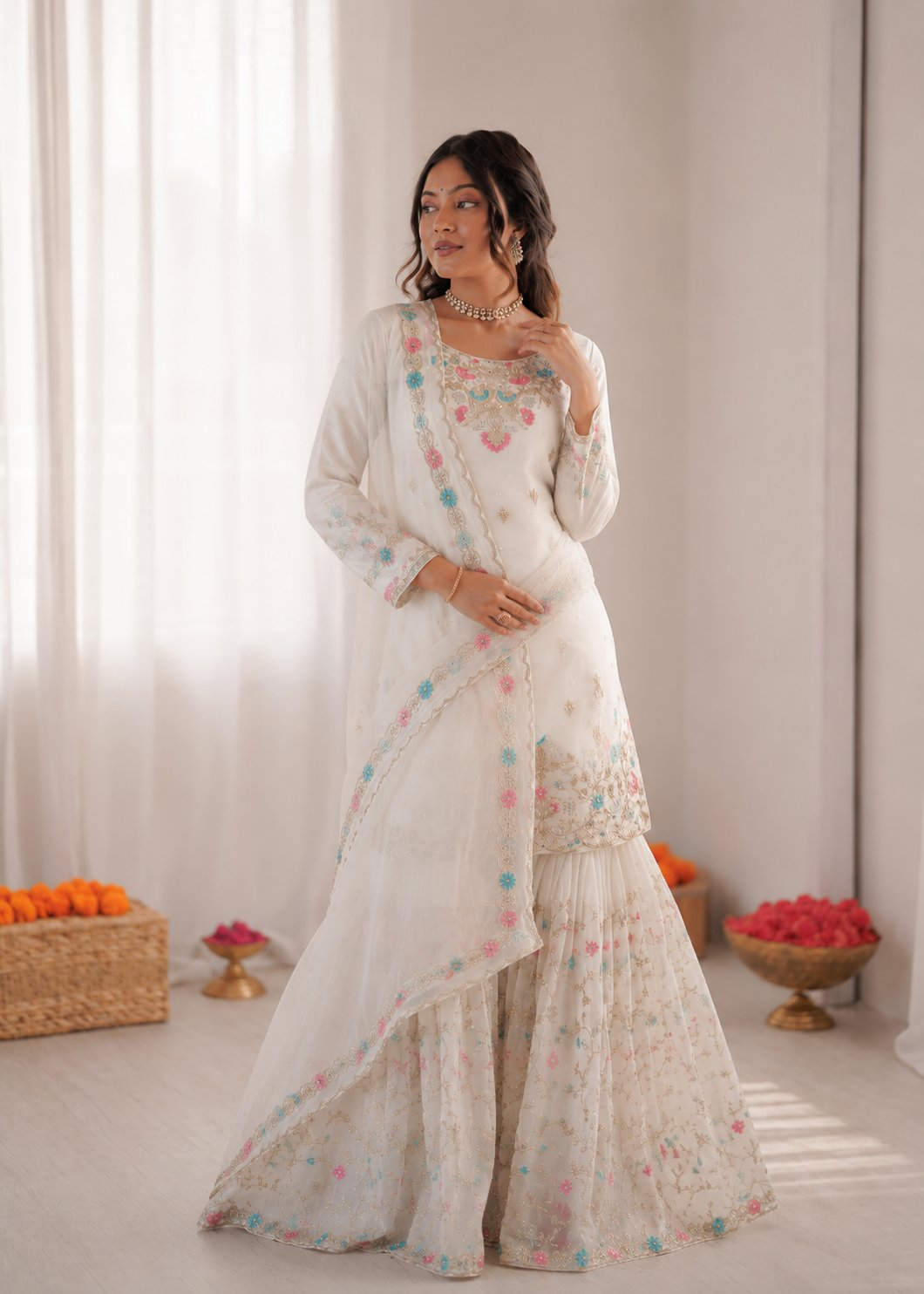 Off White Art Silk Sharara Suit with Thread, Sequence & Moti Work