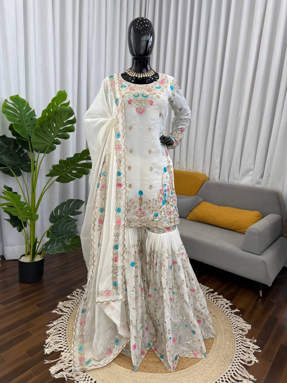 Off White Art Silk Sharara Suit with Thread, Sequence & Moti Work