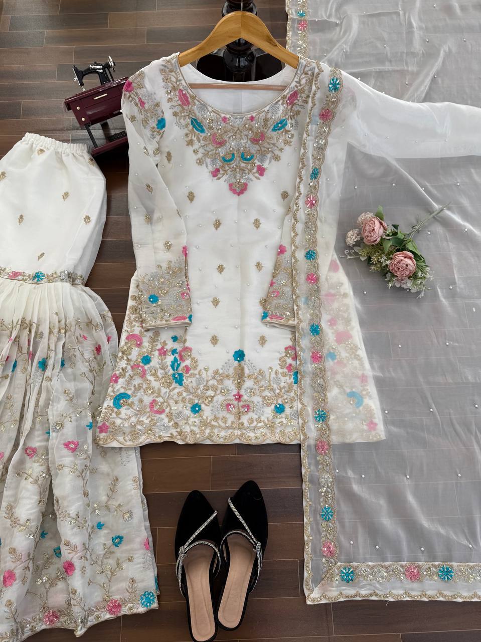 Off White Art Silk Sharara Suit with Thread, Sequence & Moti Work
