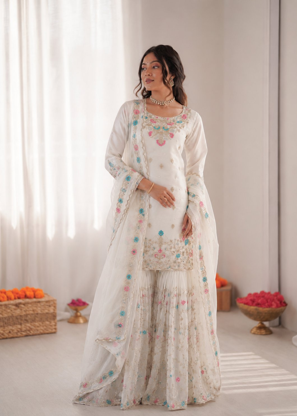 Off-white Art Silk Sharara suit with sequence and Moti work detailing