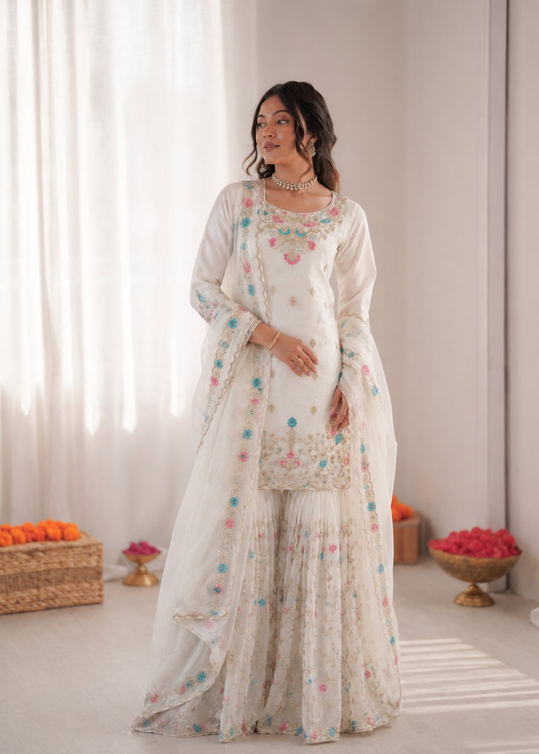 Off-white Art Silk Sharara suit with sequence and Moti work detailing