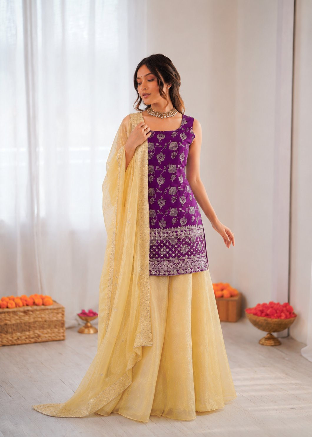 Purple Jacquard Palazzo Suit with Thread and Sequence Work