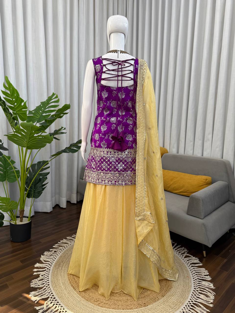 Purple Jacquard Palazzo Suit with Thread and Sequence Work