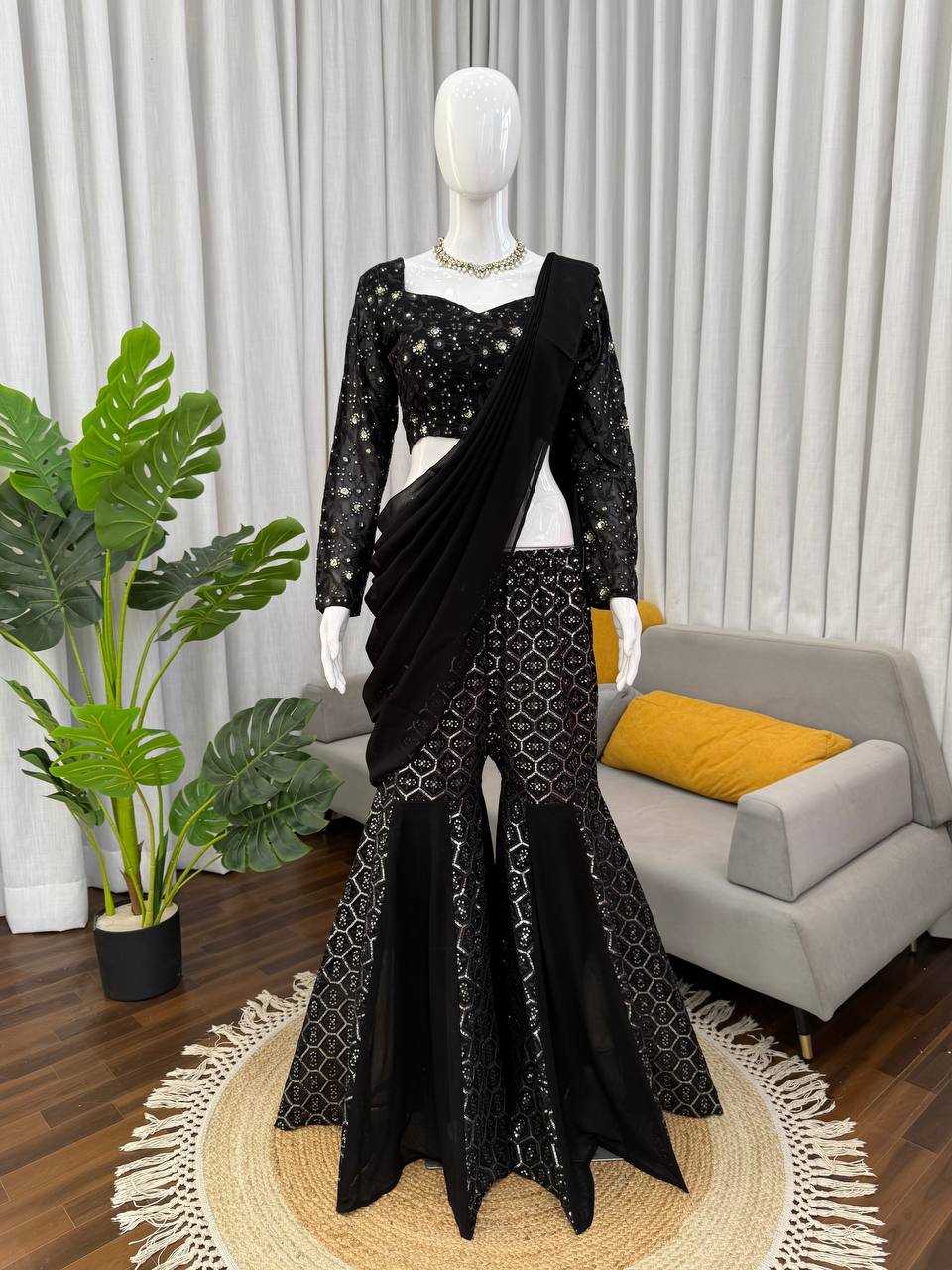 Black Georgette Thread & Sequence Work Western Sharara Suit Set