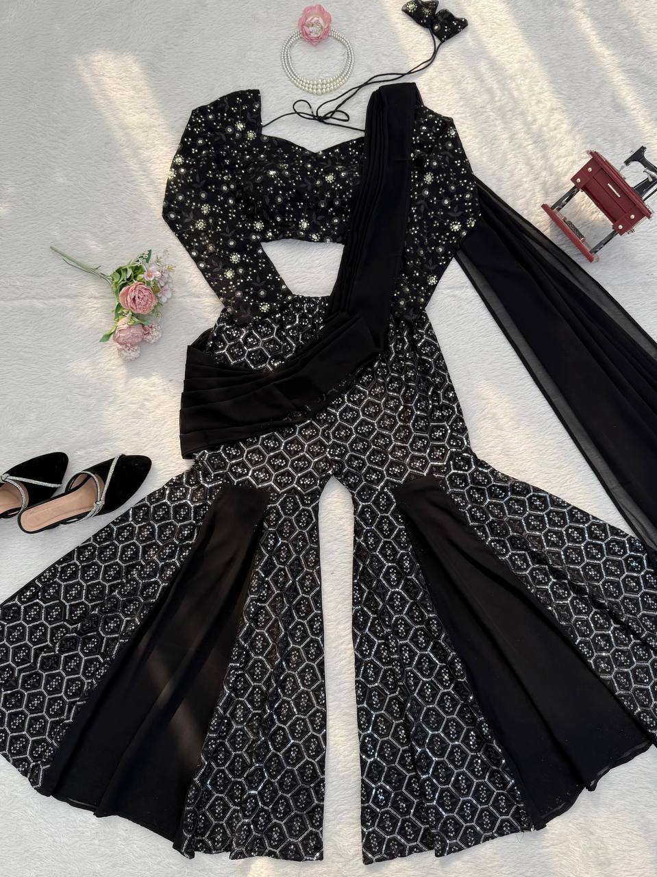 Black Georgette Thread & Sequence Work Western Sharara Suit Set