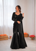 Black georgette sharara suit with thread embroidery and sequence work details