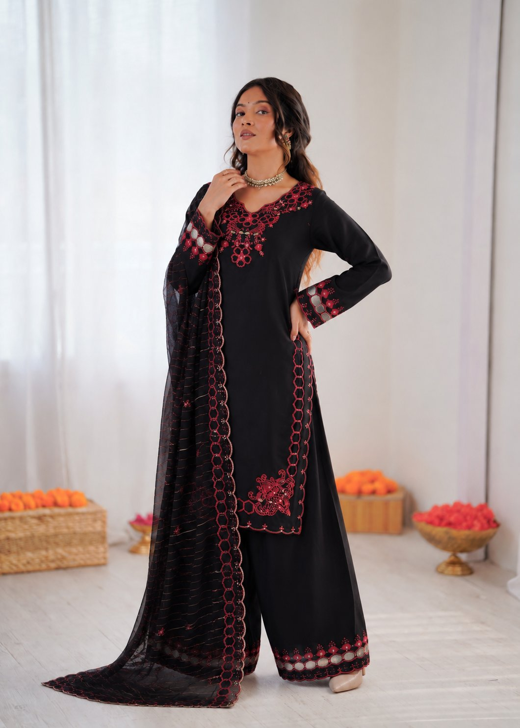 Elegant black Chanderi silk farshi salwar suit with detailed thread embroidery and matching dupatta.