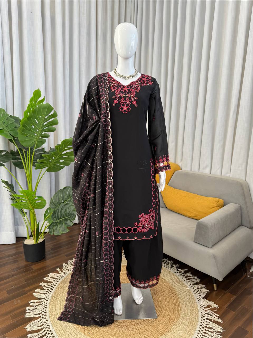 Black Mull Chanderi Silk Farshi Salwar Suit with Thread Work