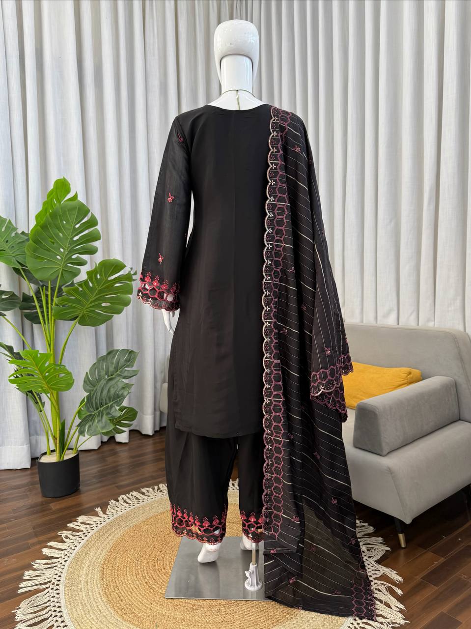Black Mull Chanderi Silk Farshi Salwar Suit with Thread Work