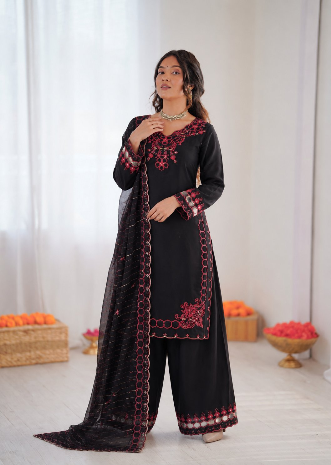 Black Mull Chanderi Silk Farshi Salwar Suit with Thread Work