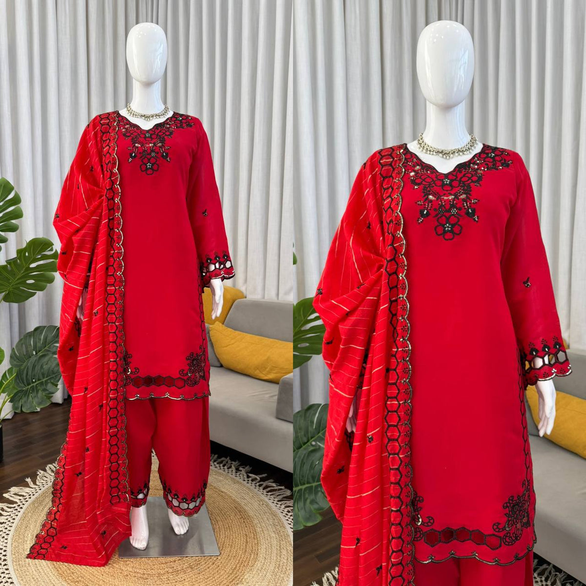 Classic red Chanderi silk farshi salwar suit featuring intricate thread embroidery.