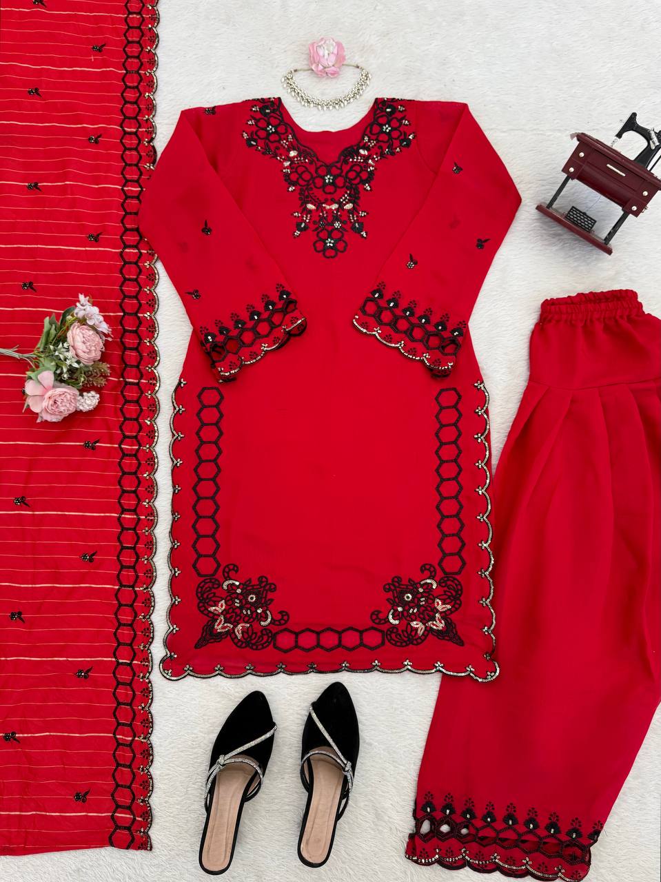 Red Mull Chanderi Silk Farshi Salwar Suit with Thread Work