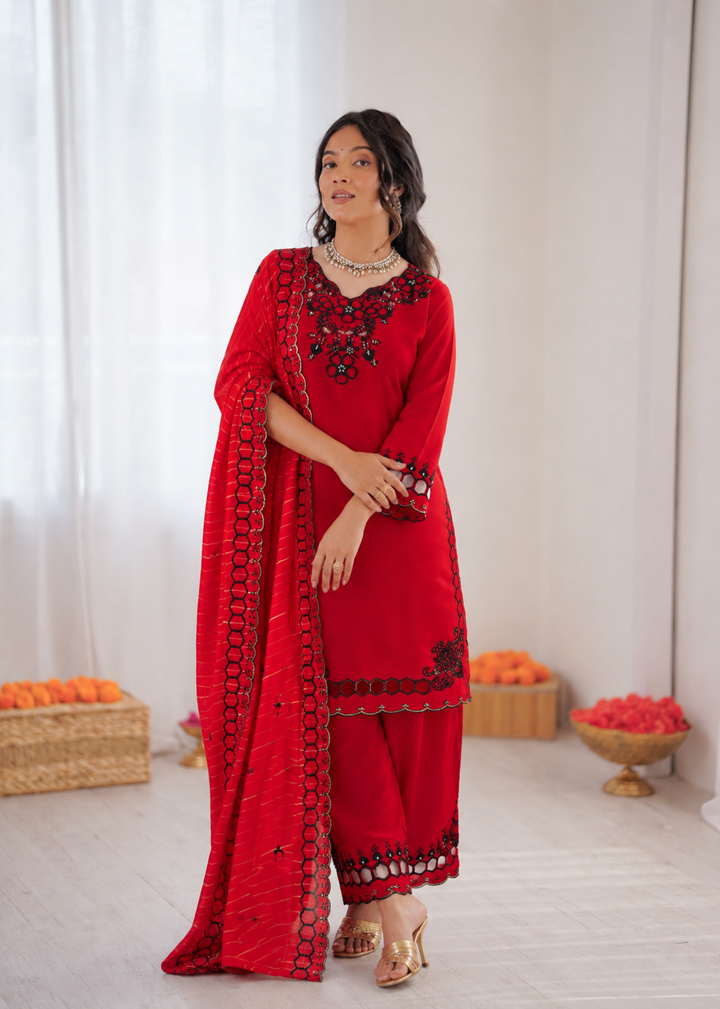 Red Mull Chanderi Silk Farshi Salwar Suit with Thread Work