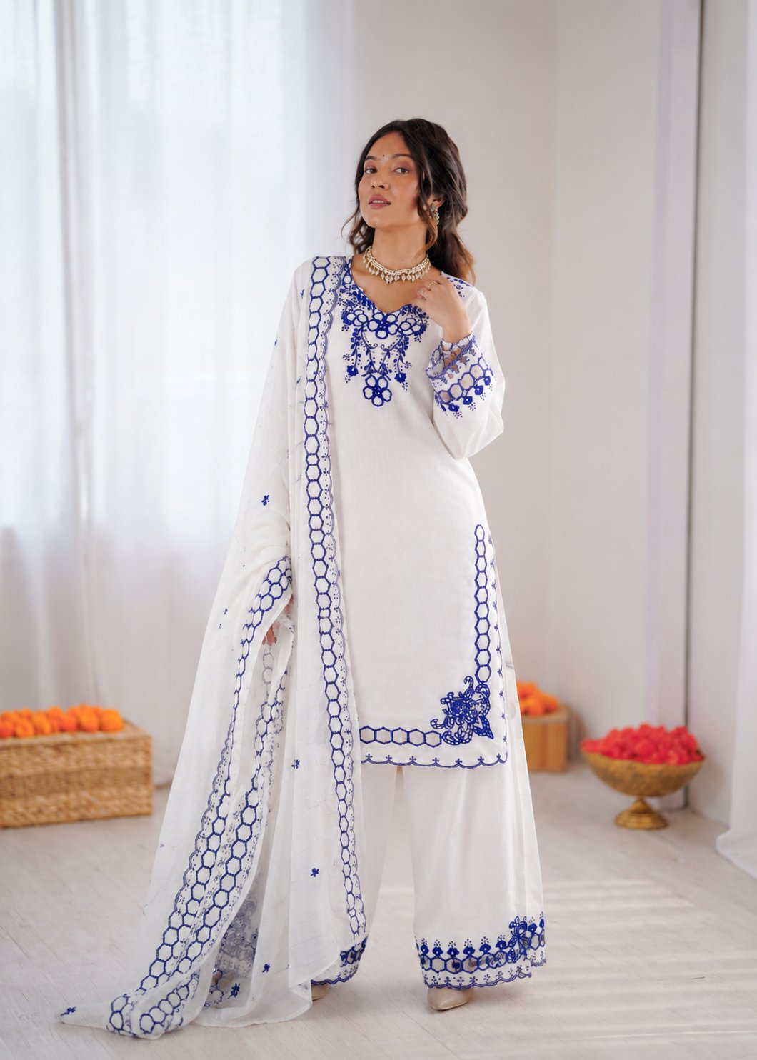 Off-White Chanderi Silk Thread Work Farshi Salwar Suit Set