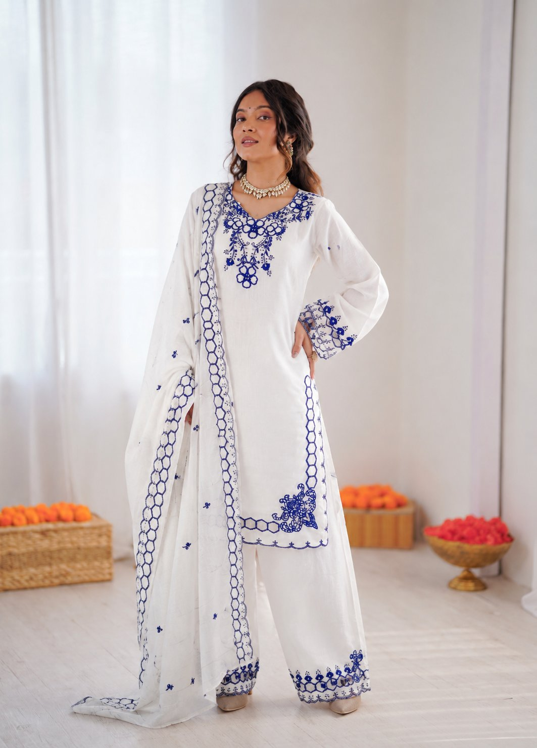 Off-White Chanderi Silk Thread Work Farshi Salwar Suit Set