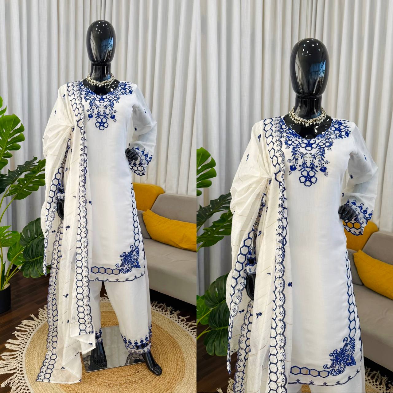 Off-White Chanderi Silk Thread Work Farshi Salwar Suit Set
