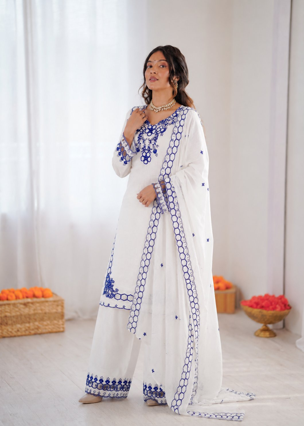 Off-white Chanderi silk farshi salwar suit with intricate thread embroidery