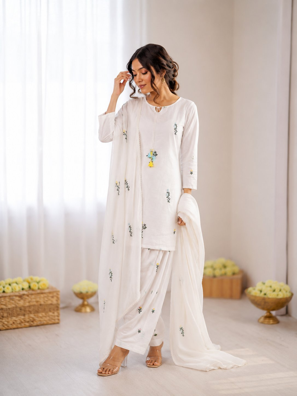 Off White Chanderi Silk Farshi Salwar Suit With Thread Embroidery