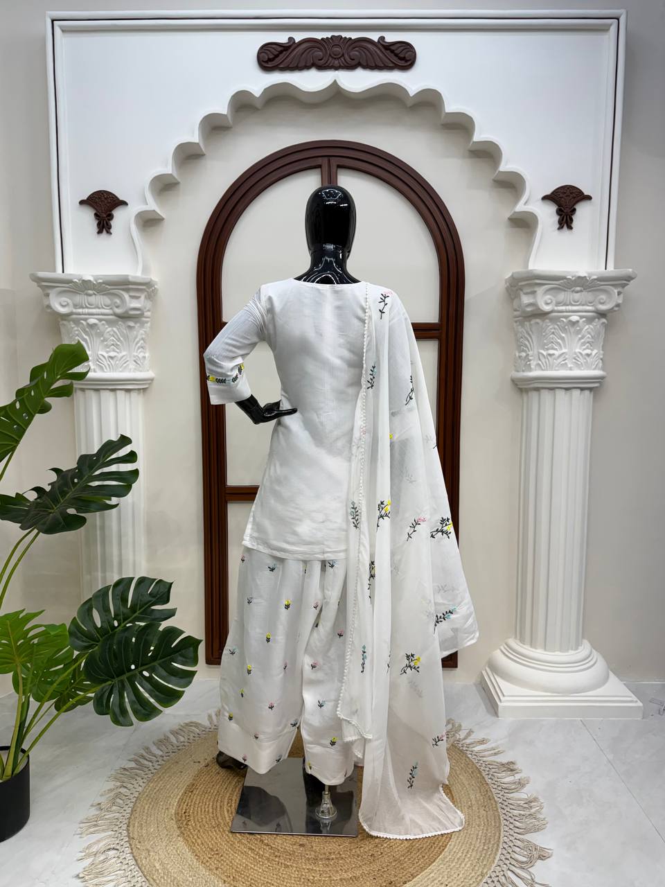 Off White Chanderi Silk Farshi Salwar Suit With Thread Embroidery