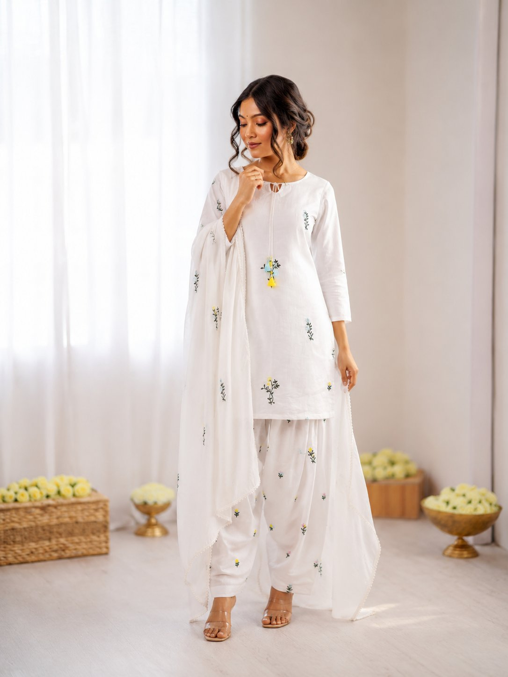 A sophisticated off-white Chanderi silk Farshi salwar suit with detailed thread embroidery and a matching dupatta.
