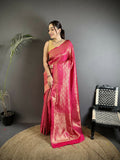 Rani Pink soft satin silk Banarasi saree with paisley and floral patterns