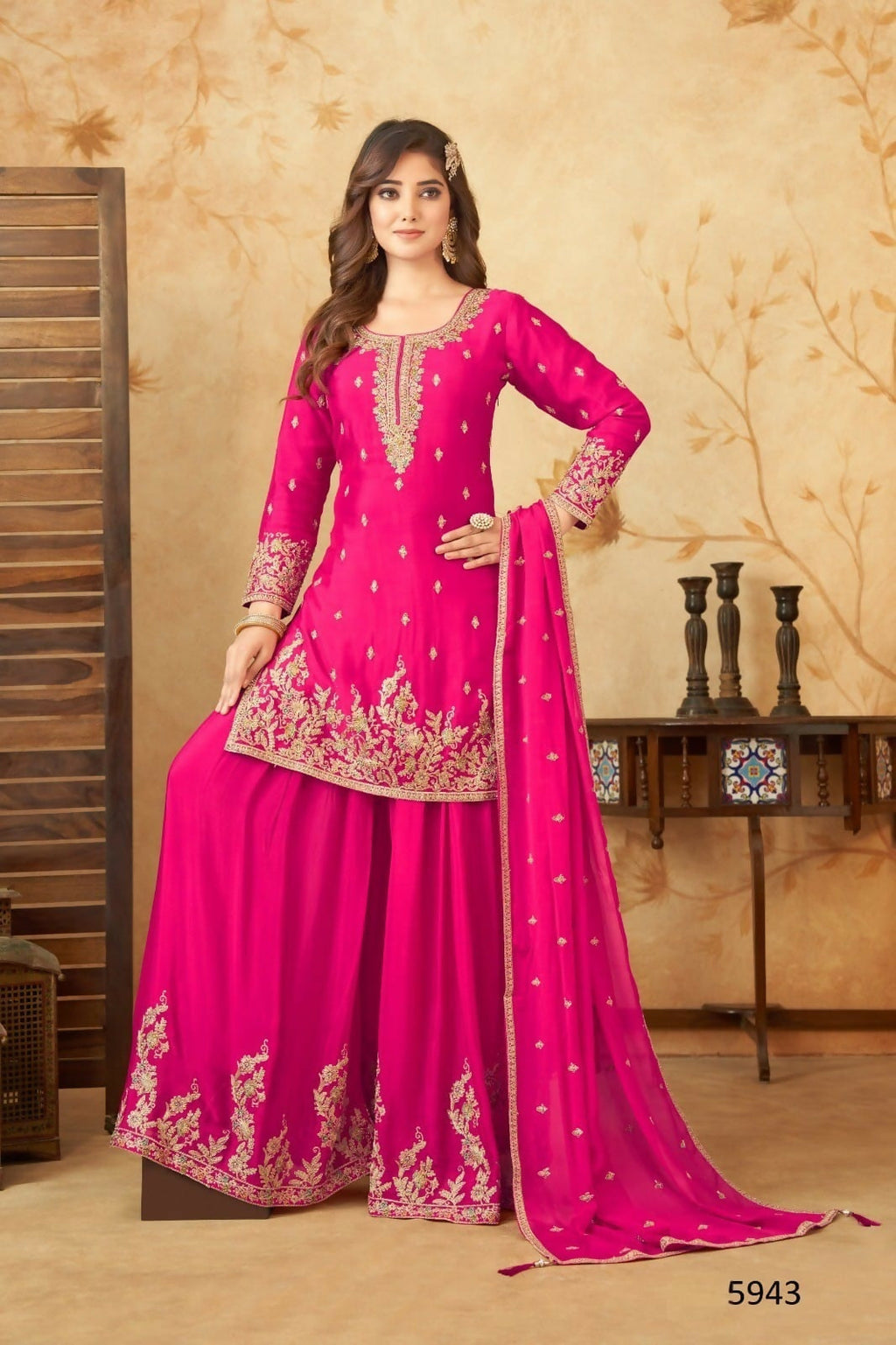 Joban Fashion Chinon Silk Fuchia Pink Color Kurta Set