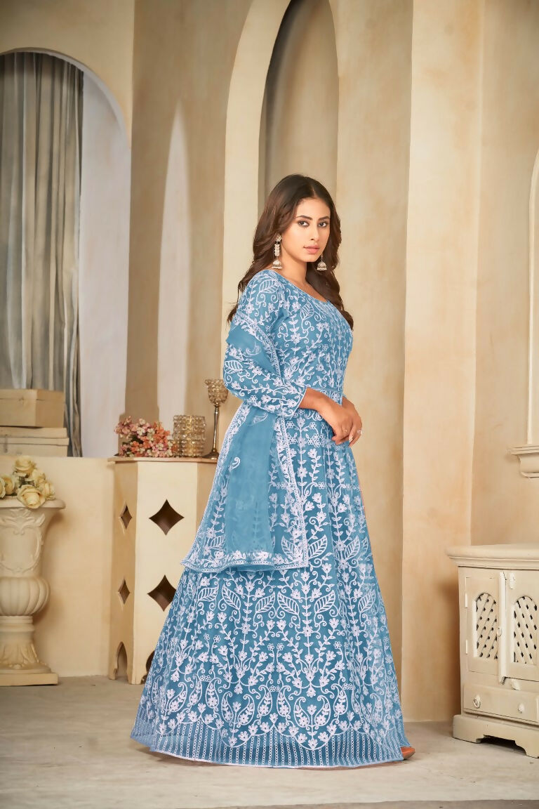 Sky Blue Embroidered Net Anarkali Kurta Pant Set with Dupatta