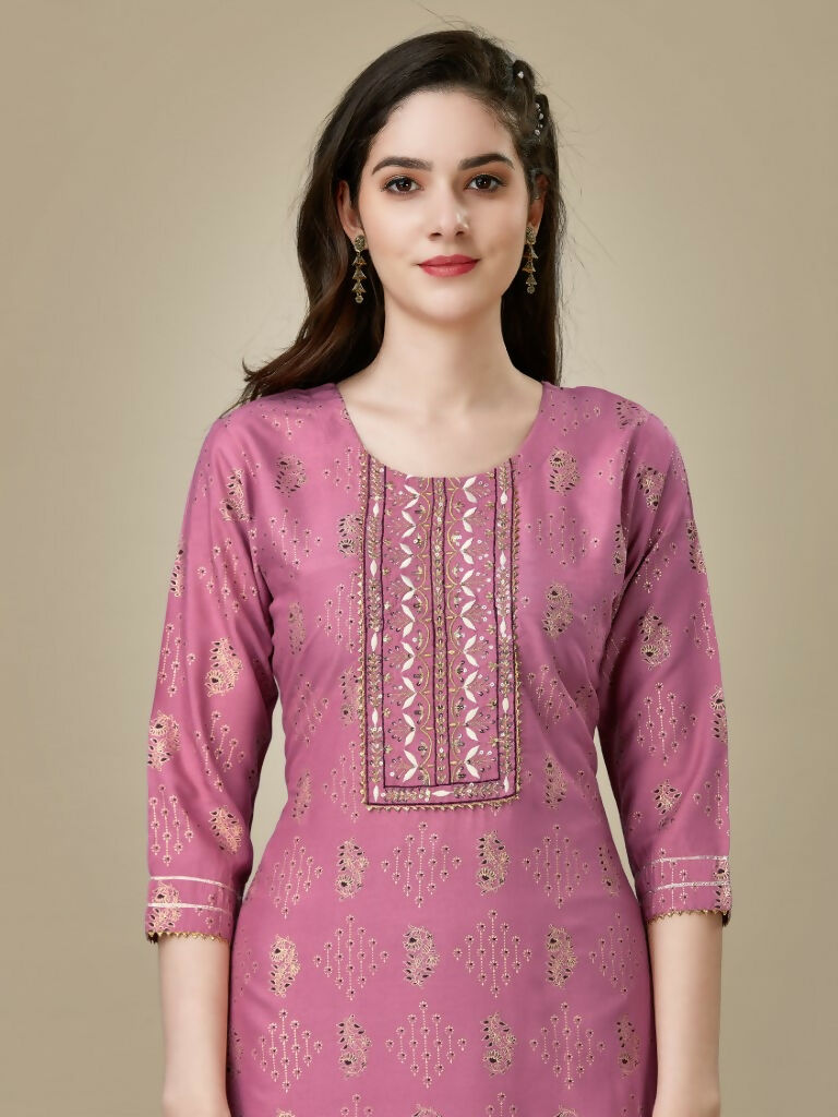 Women's Purple Embroidered Straight Kurta Pant Set