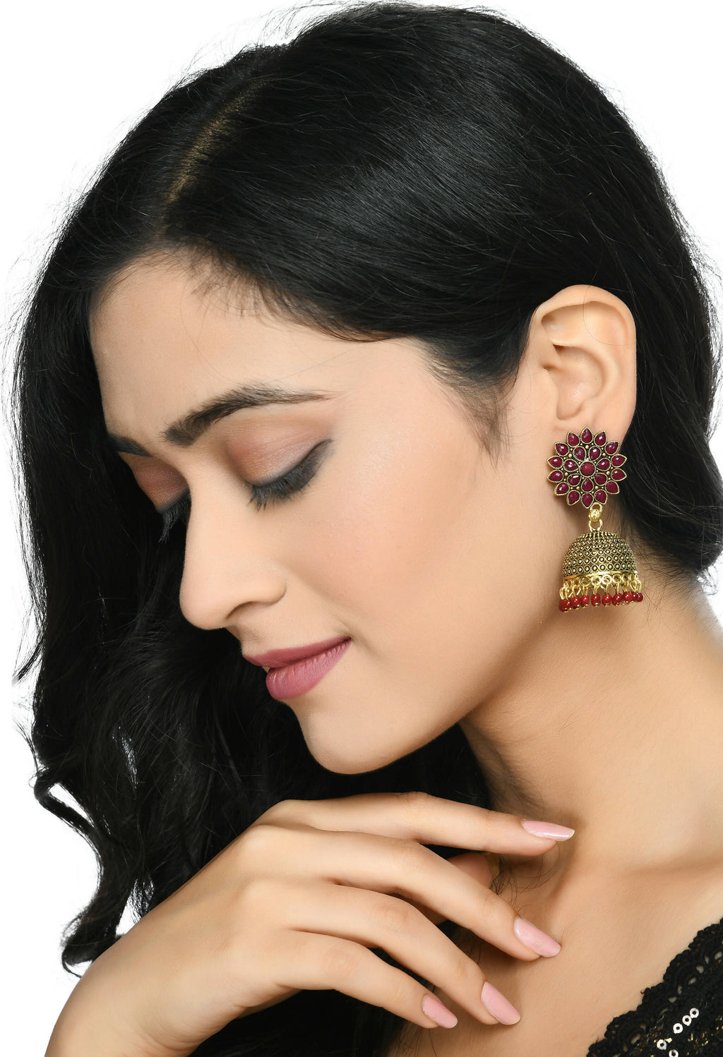 Joharkamal Kundan Jhumka Earrings with Maroon Beads - Gold Plated