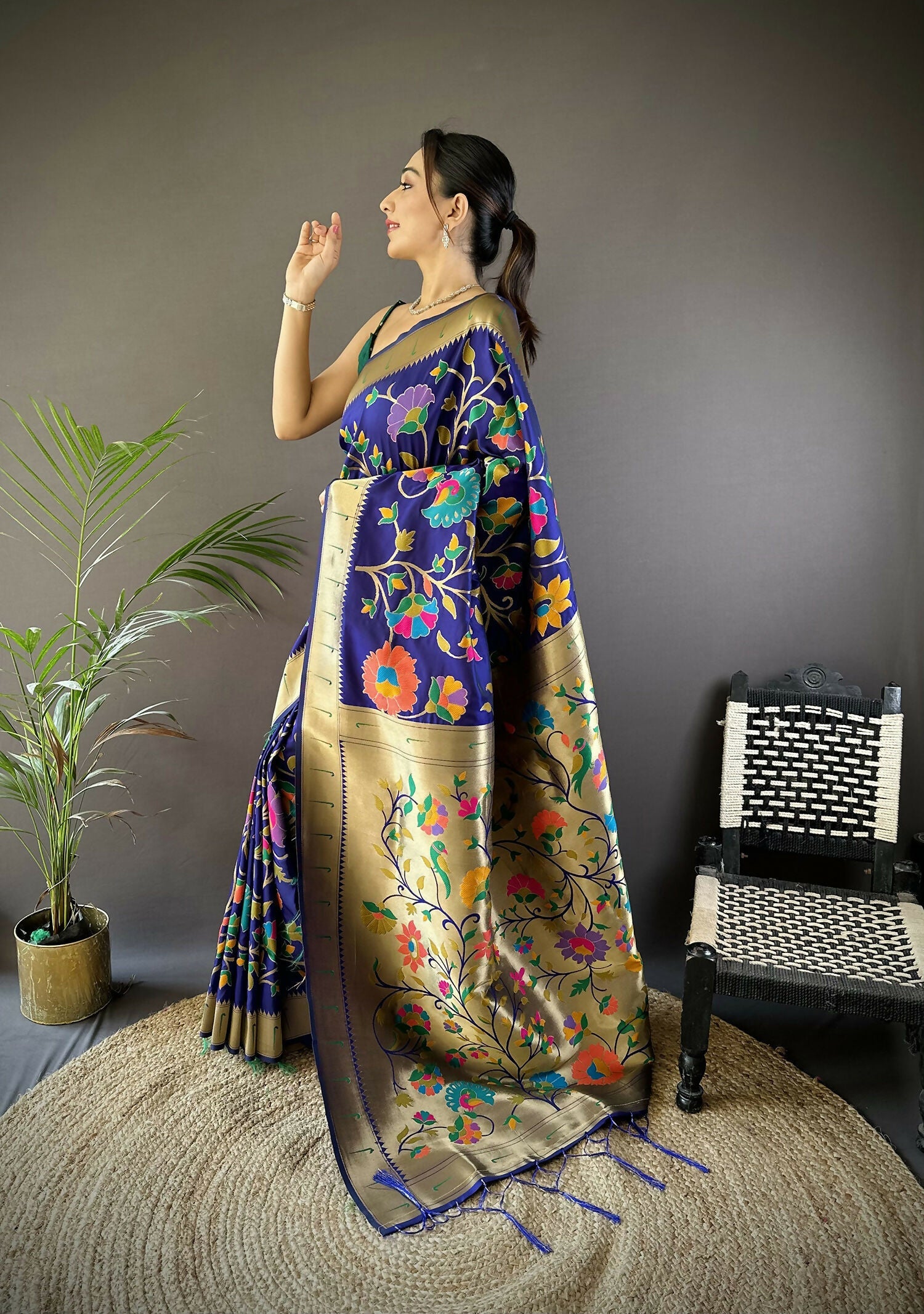 Blue Zari Woven Floral Motifs Soft Silk Paithani Saree