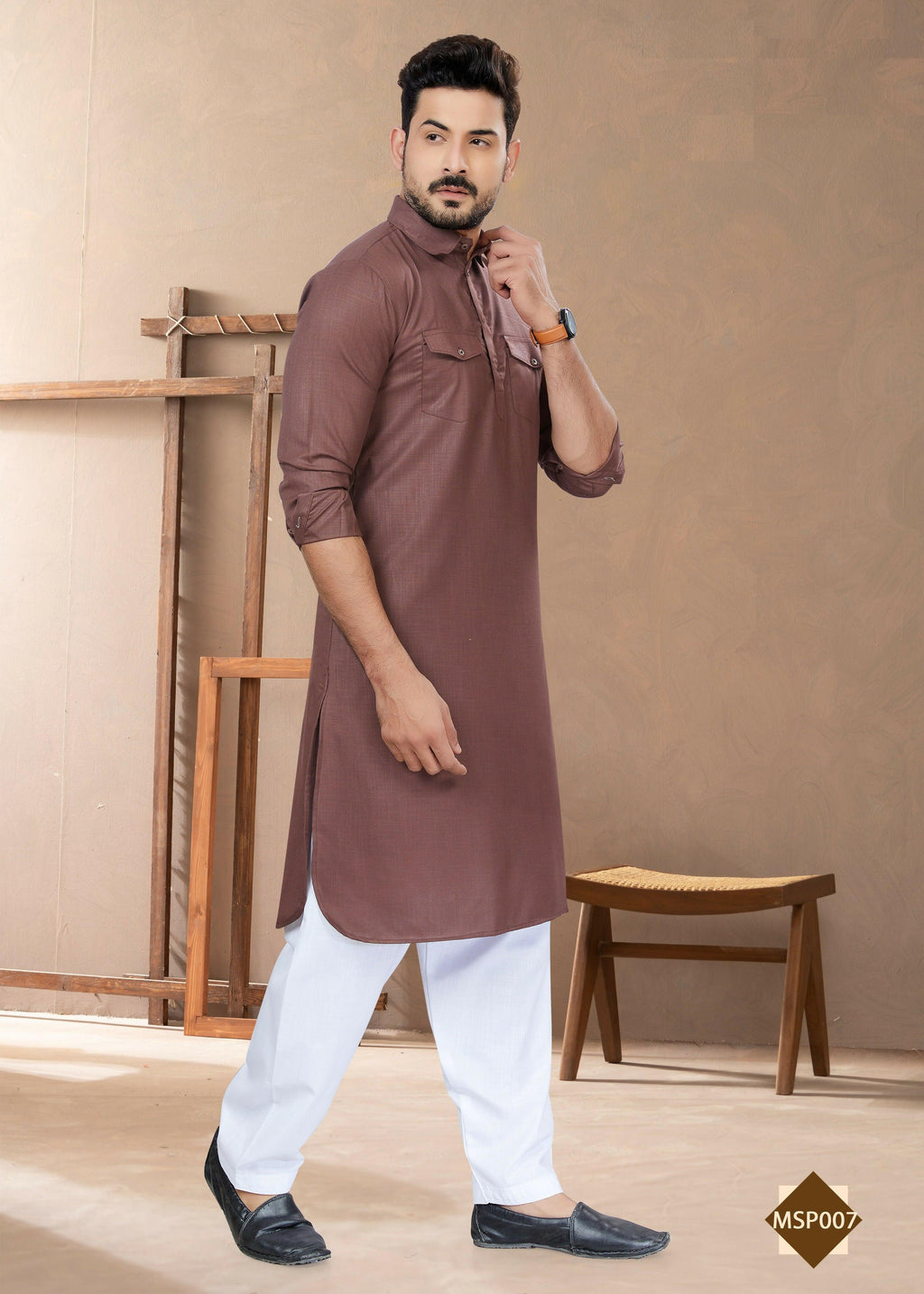Men's Light Brown Heavy Cotton Straight Kurta Pyjama Set