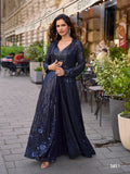 Aarshi Fashions navy blue heavy georgette indowestern crop top, palazzo, and shrug set.