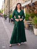 Bottle Green heavy georgette Indo-Western set featuring crop top, palazzo pants, and shrug
