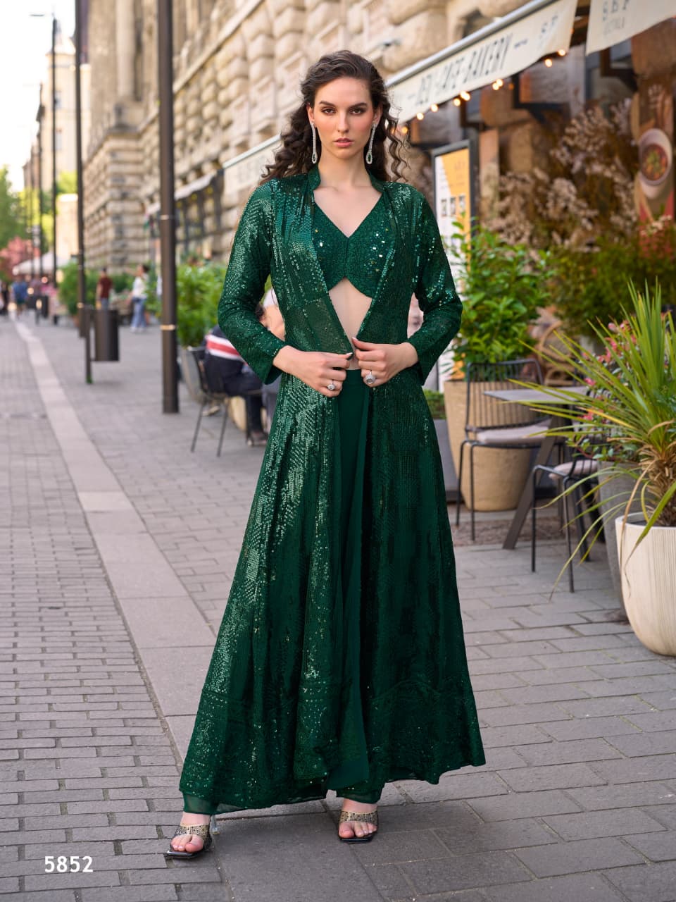 Bottle Green heavy georgette Indo-Western set featuring crop top, palazzo pants, and shrug