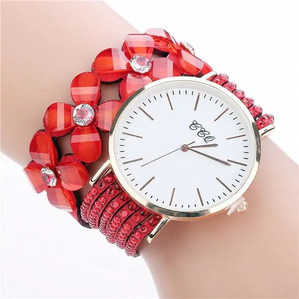 Women Floral Crystal Charm Bracelet Watch in Pink - Image 8