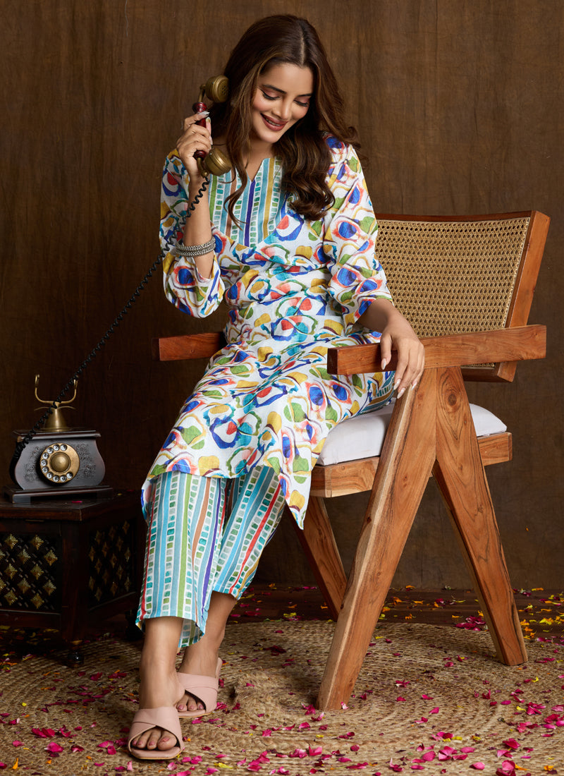 Multi Color Printed Cotton Blend Kurta Pant Set