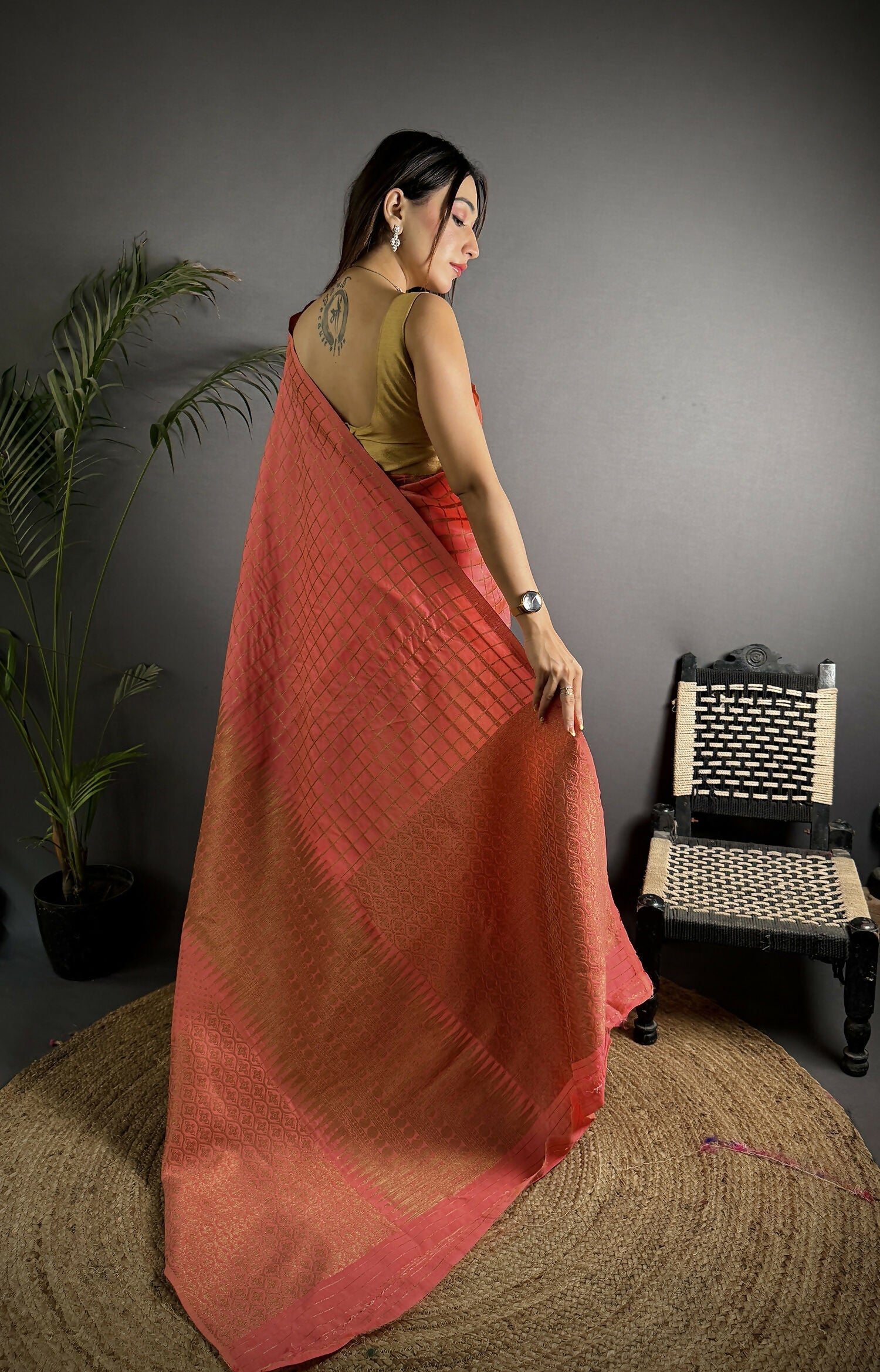 Peach Banarasi Soft Lichi Silk Saree with Checks & Woven Detail