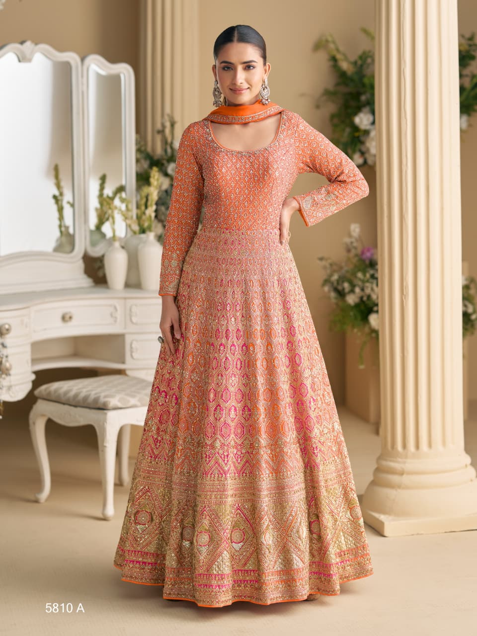 Aarshi Fashions orange georgette wedding gown with matching dupatta and bottom