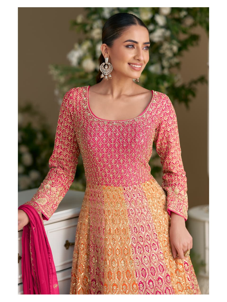 Pink Georgette Wedding Gown - Floor-Length Formal Evening Dress