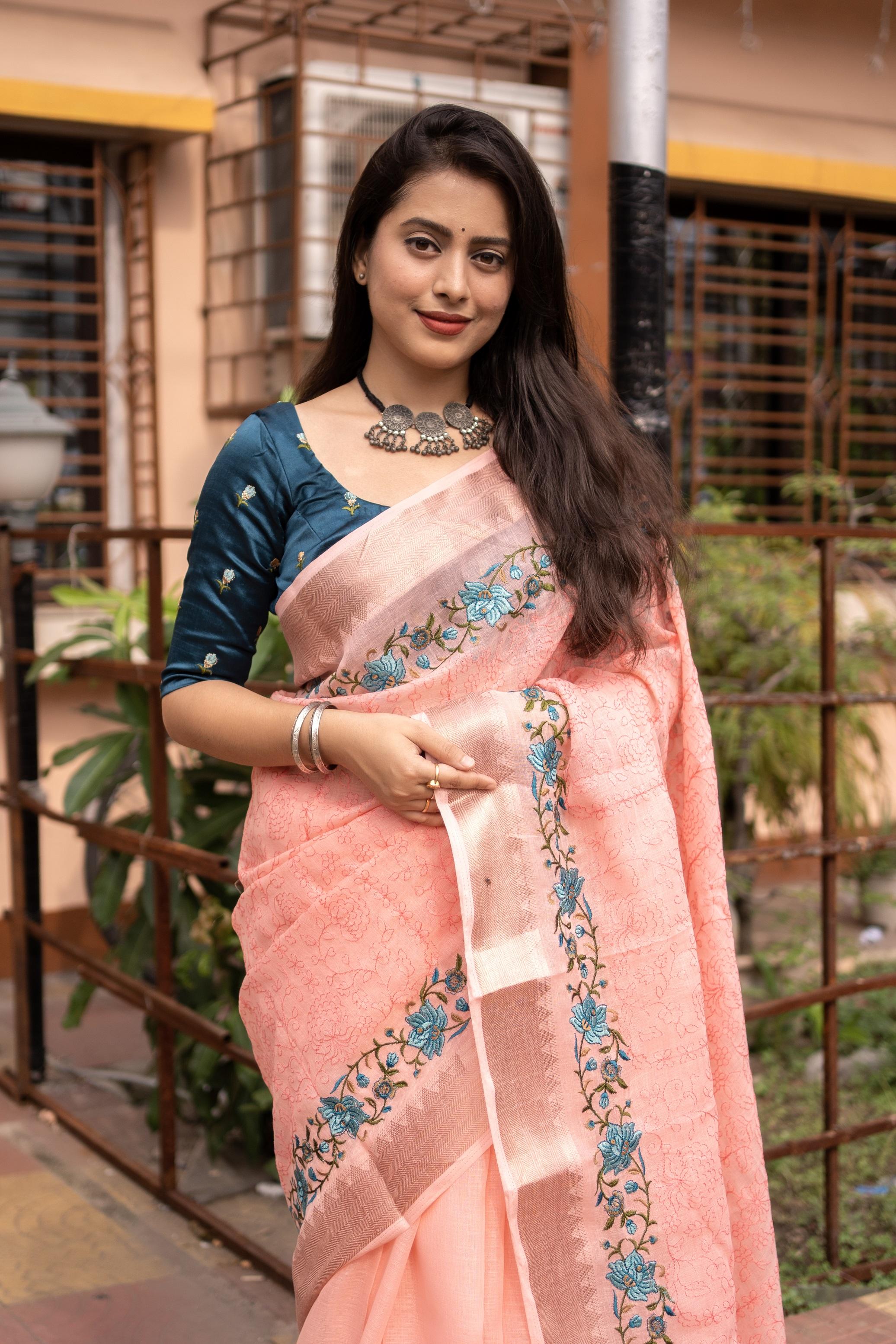 Pink Pure Linen Woven Saree with Floral Embroidery