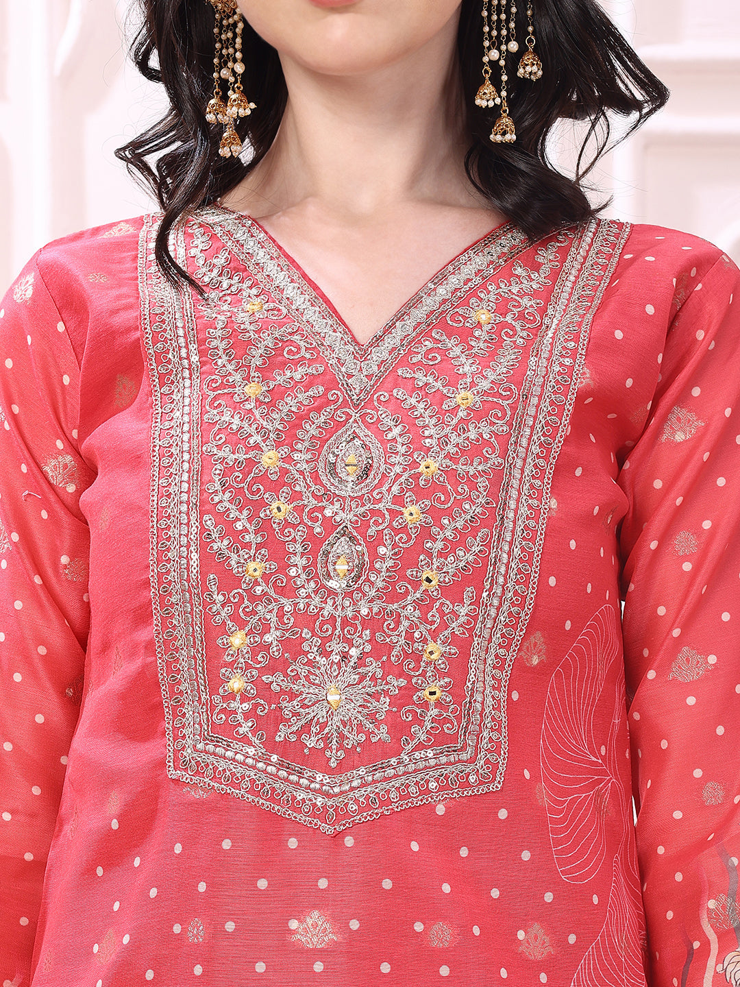Coral Sequinned and Thread Embroidered Kurta Set with Dupatta