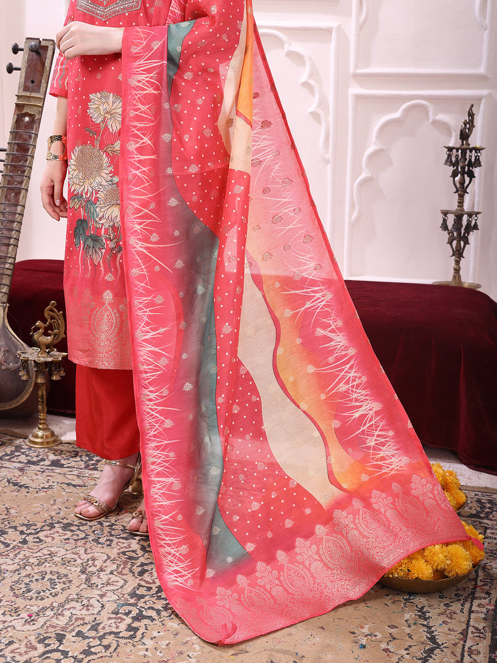 Coral Sequinned and Thread Embroidered Kurta Set with Dupatta