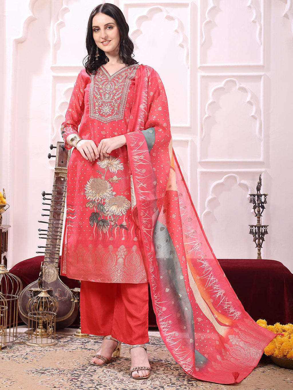 Coral Sequinned and Thread Embroidered Kurta Set with Dupatta